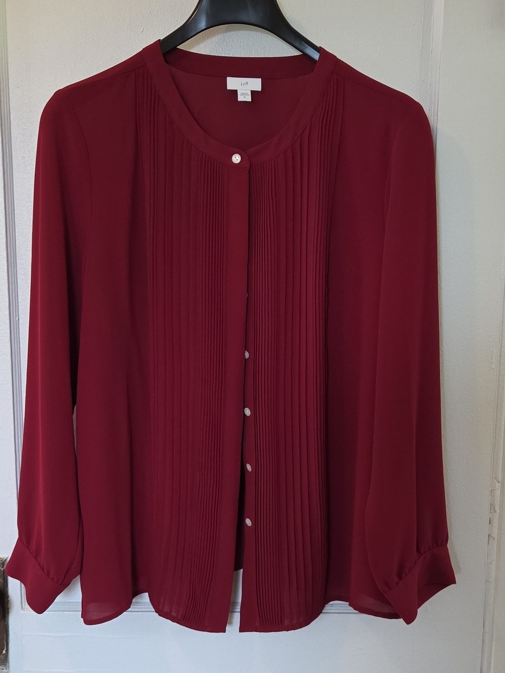 J. Jill Deep Wine Pleated Front Button Long Sleeve Blouse